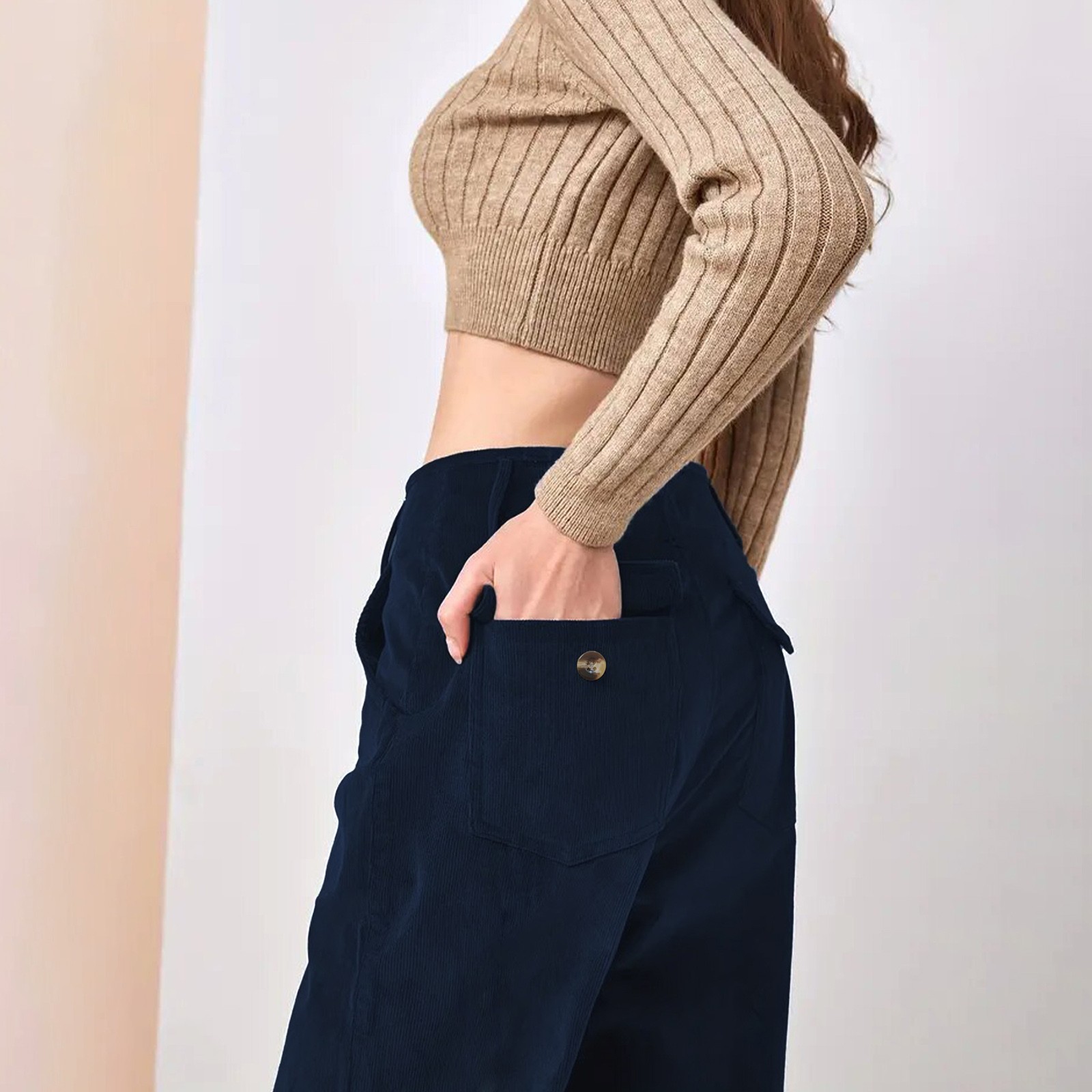 thumbnail image 5 of Pantalones anchos de pana vintage para mujer: cintura alta, parte trasera elástica, bolsillos laterales, corte recto para ropa informal, 5 of 6